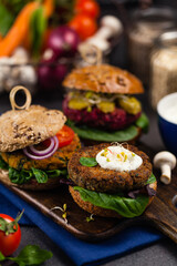 Vege burgers with carrots, beetroots and mushrooms.