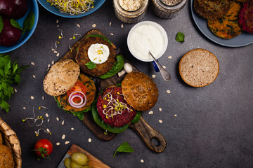 Vege burgers with carrots, beetroots and mushrooms.