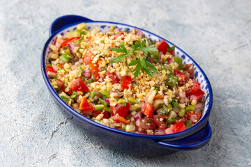 Traditional delicious Turkish cuisine, salad with tomatoes, cucumbers (Turkish name; Gavurdagi salata)