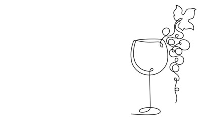Glass of wine and a bunch of grapes. Drawing by a continuous line