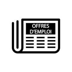 Logotipo con texto OFFRES D'EMPLOI en francés con silueta de periódico con lineas en color negro