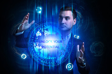 Business, Technology, Internet and network concept. Young businessman working on a virtual screen...