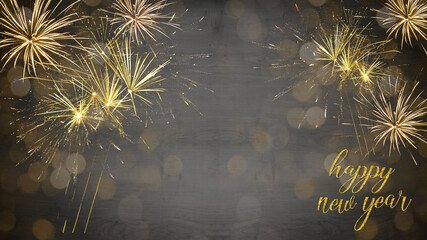 Happy new Year Party, festive background - Golden yellow firework on black wooden texture, with...