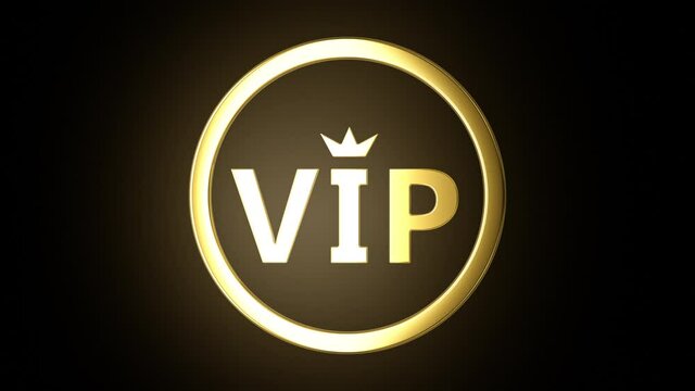 Golden VIP logo rotating inside gold ring with glow effect against black background. Alpha channel included.