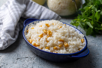 Corn rice in a rice bowl (Turkish name; misirli pilav)