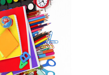 School and office equipment. Colorful stationery background.