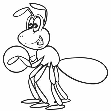 sketch, ant with a pea in his hands, coloring book, cartoon illustration, isolated object on a white background, vector,