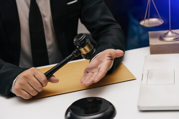 Justice and law concept. Lawyer businessman working on table office.