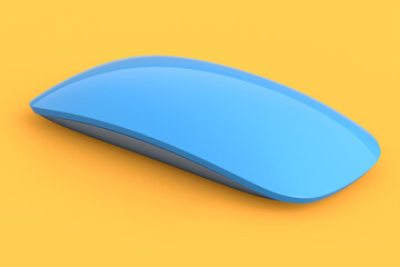 Realistic blue wireless computer mouse with touch isolated on orange background.