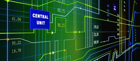 Screen with node trees or switch board in industry or science. Digital binary tree with nodes, blocks and switches and connection between them. Focus is on the blue central unit. 3D illustration 