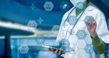 Medicine doctor using digital healthcare and network connection on hologram modern virtual screen...