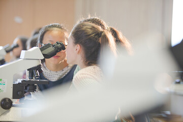 Girl students using microscope, conducting scientific experiment in laboratory classroom