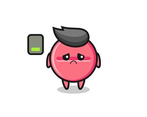 medicine tablet mascot character doing a tired gesture