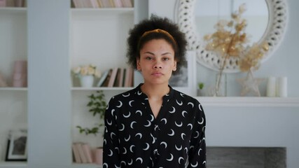 Young African American Teen Girl with Problem Skin Looks at the Camera Like in a Mirror. Acne treatment Time Lapse - 14th day of 28. Woman Skin Care Concept.