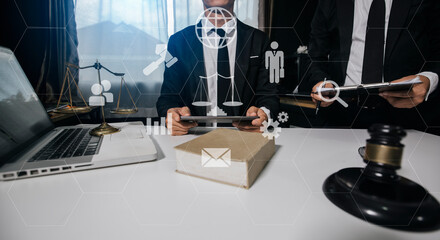 Concepts of Law and Legal services. Lawyer working with law interface icons. Blurred background.	