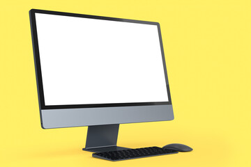 Realistic dark grey computer screen display with keyboard and mouse on yellow