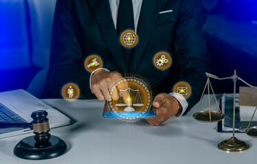 Concepts of Law and Legal services. Lawyer working with law interface icons. Blurred background.	