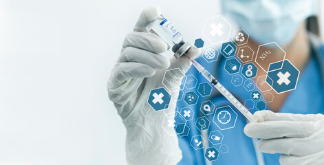 Medical doctor injecting coronavirus vaccine, COVID-19 vaccine, Medicine digital healthcare and connection on modern virtual screen. 
