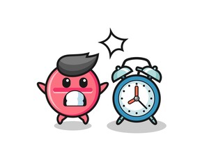 Cartoon Illustration of medicine tablet is surprised with a giant alarm clock