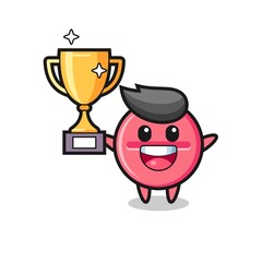 Cartoon Illustration of medicine tablet is happy holding up the golden trophy