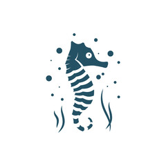 Abstract Sea horse logo template. Vector sea horse with air bubbles and algae on white background.