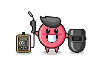 Character mascot of medicine tablet as a welder
