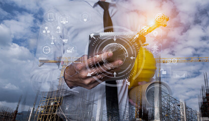 Future building construction engineering and technology project concept. double exposure graphic...