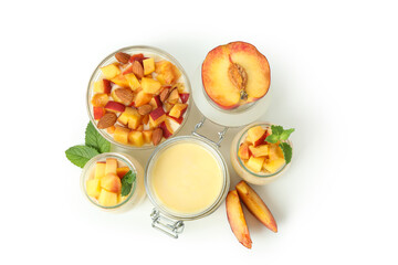 Concept of healthy food with peach yogurt isolated on white background