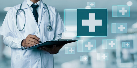 Medicine doctor using digital healthcare and network connection on hologram modern virtual screen...