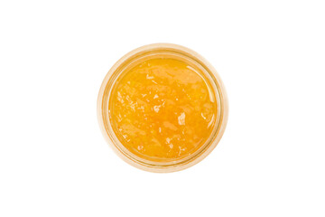 Glass bowl of mandarin jam isolated on white background