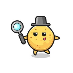 potato chip cartoon character searching with a magnifying glass