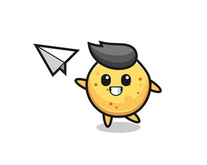 potato chip cartoon character throwing paper airplane