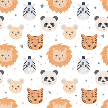 Seamless pattern with cute animal faces. The muzzle of a lion, tiger, zebra, mouse, panda on a white background. Vector for textiles and poster design, kids' clothing.