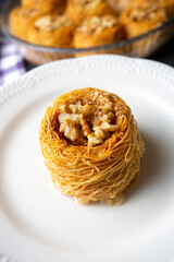 Traditional delicious Turkish food; walnut kadayif, Turkish name; kase kadayif