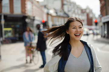 Smiling, enthusiastic young woman walking on sunny urban street