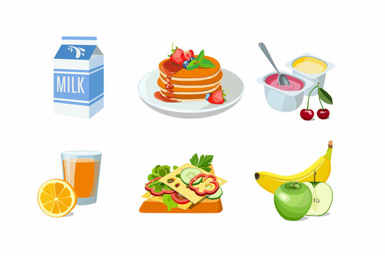 Classic hotel breakfast set with pancakes and milk, cheese toast,orange juice. Menu poster with yogurt and fruit. Brunch healthy start day options food. Vector illustration