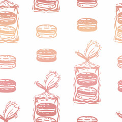Vector Rose Gold Effect French Macarons Packaging on White seamless pattern background. Perfect for web design fabric, wallpaper and scrapbooking projects.