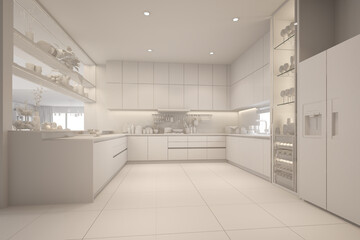 White kitchen in white color, Scandinavian interior, 3D rendering