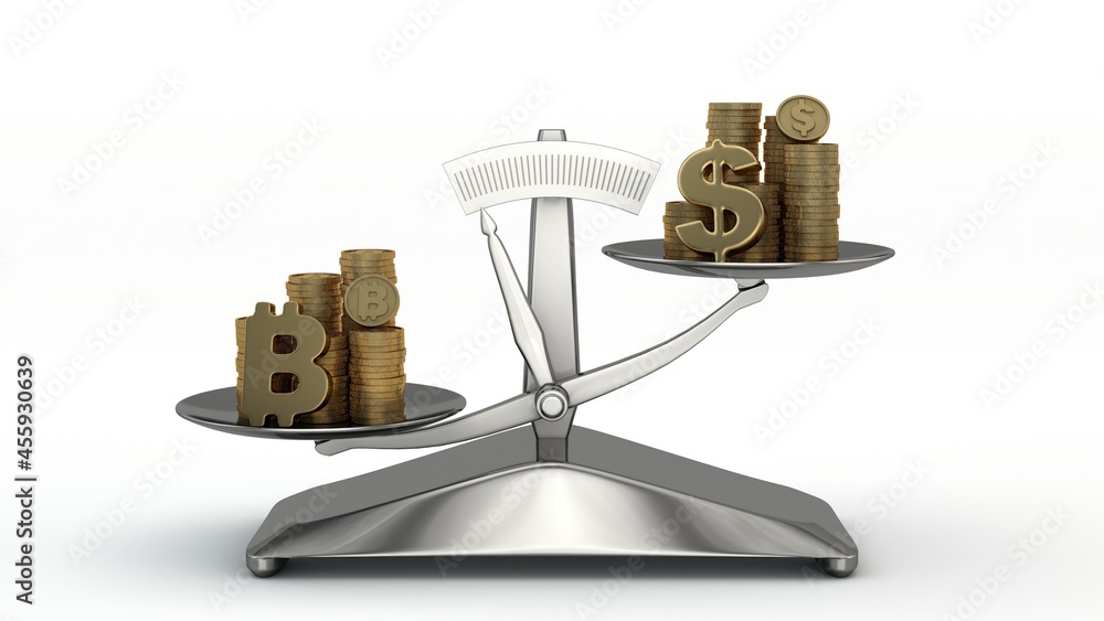 Poster 3d rendering of the scales on which the cryptocurrency bitcoin and the dollar are evaluated. cryptoc