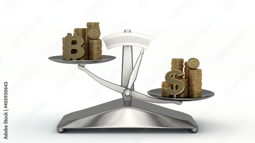 Poster 3d rendering of the scales on which the cryptocurrency bitcoin and the dollar are evaluated. the dol