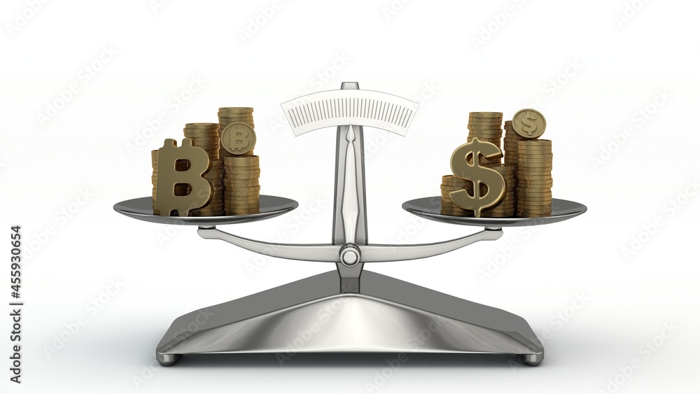 Aufkleber 3d rendering of ancient scales on the bowls of which are coins of the bitcoin and dollar cryptocurre