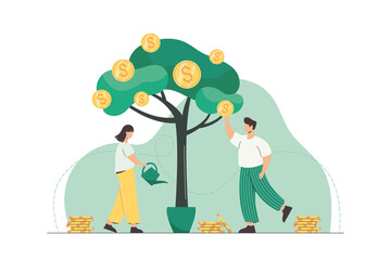 People watering money tree and picking golden coins from green plant. Successful business growth, income and investment concept. Flat characters making money. Company have cash financial profits.