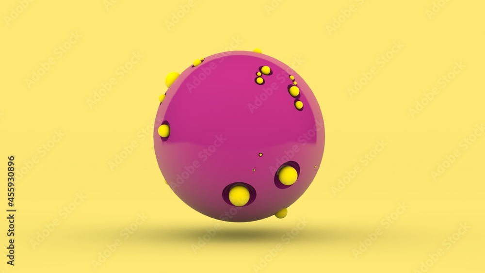 Poster 3d rendering of an abstract composition. a large pink sphere with pits on the surface and a lot of c