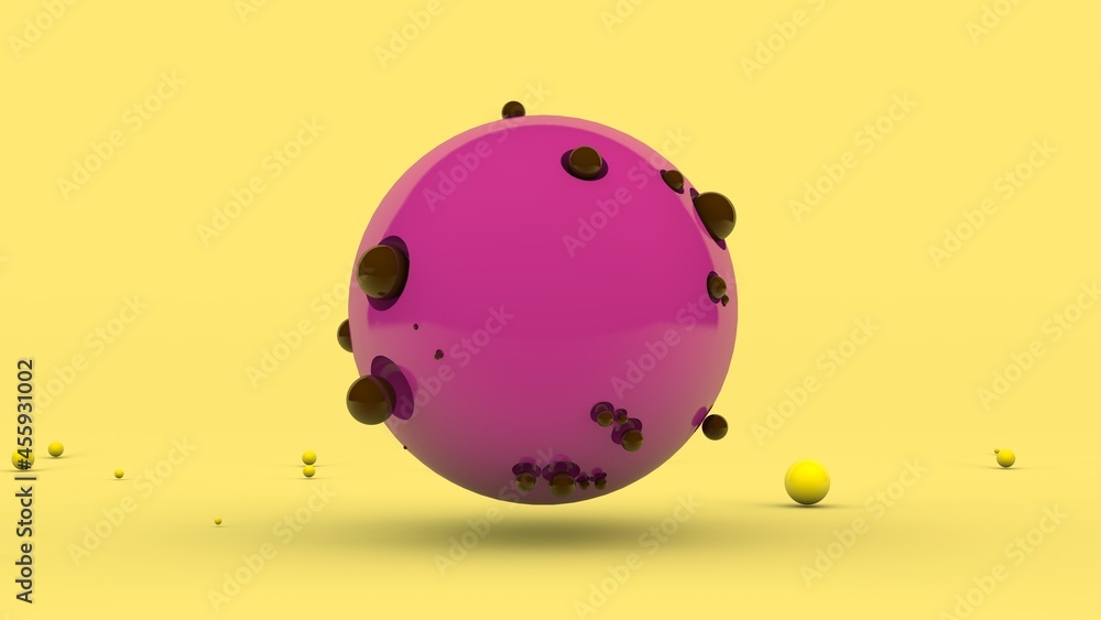 Poster 3d rendering of an abstract composition. a large pink sphere with pits on the surface and a lot of c