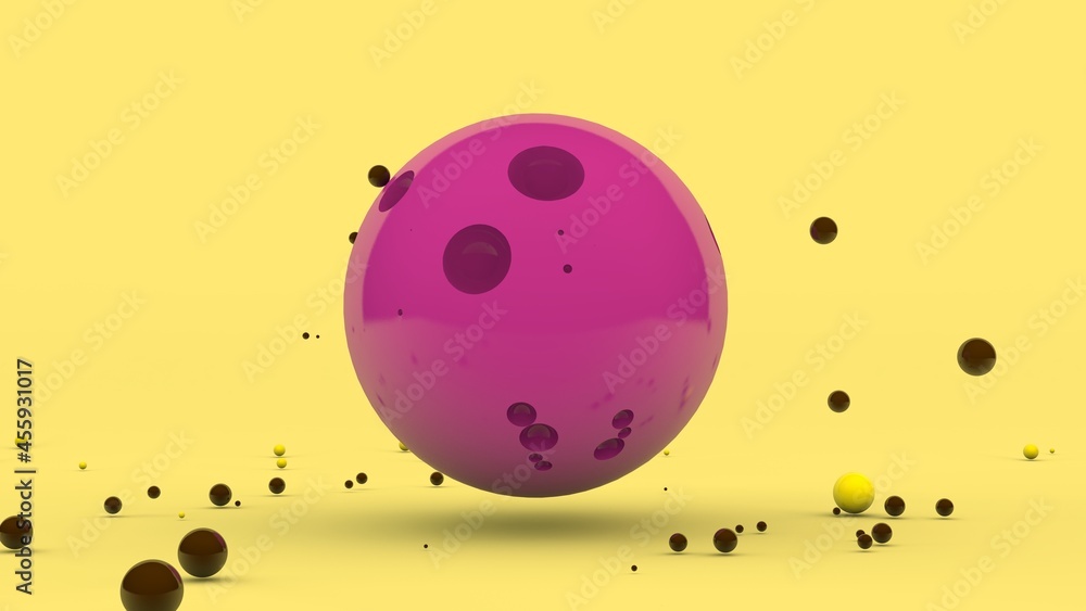 Poster 3d rendering of an abstract composition. a large pink sphere with pits on the surface and a lot of c