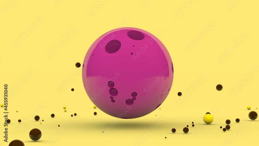 Poster 3d rendering of an abstract composition. a large pink sphere with pits on the surface and a lot of c