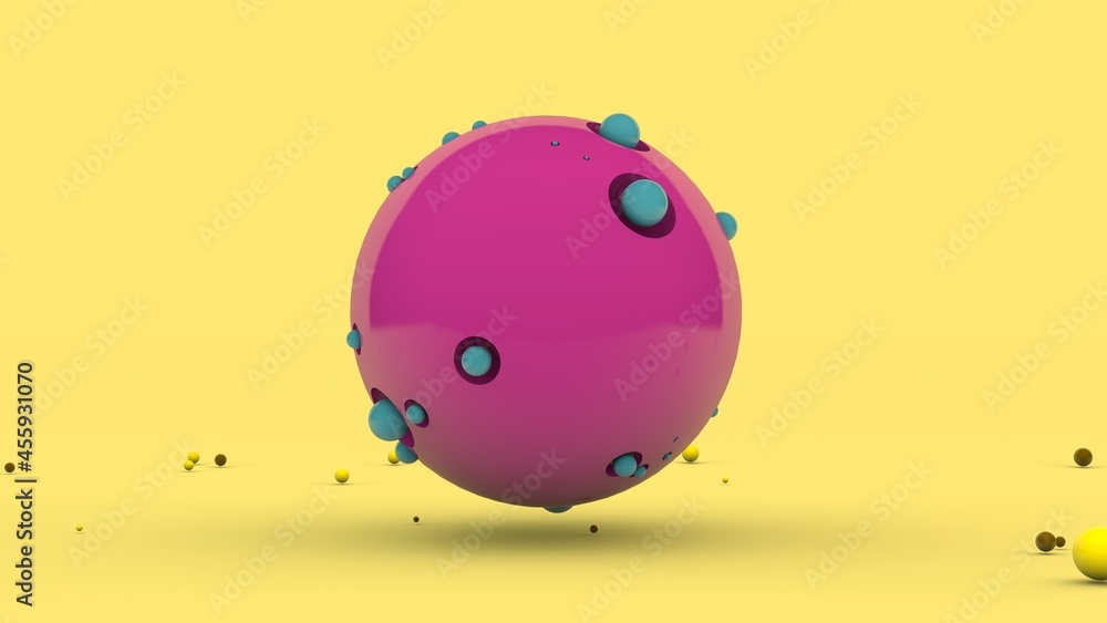 Poster 3d rendering of an abstract composition. a large pink sphere with pits on the surface and a lot of c