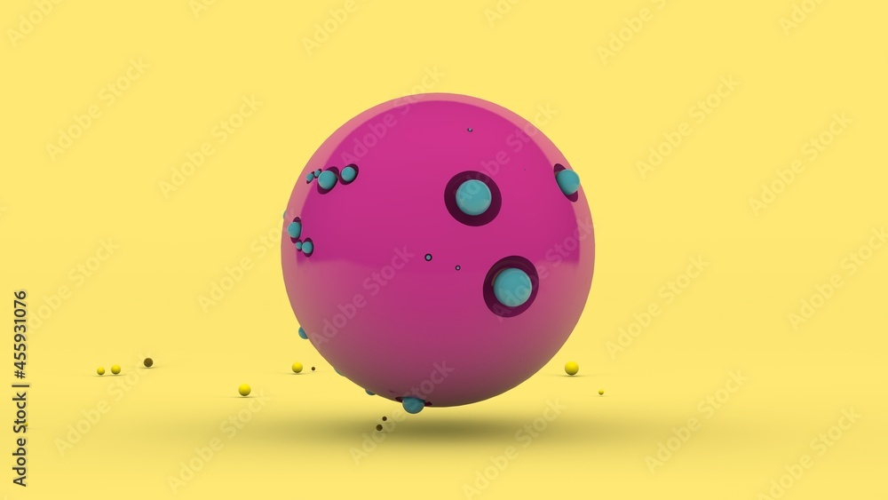 Poster 3d rendering of an abstract composition. a large pink sphere with pits on the surface and a lot of c