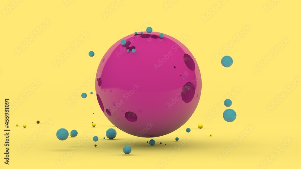 Poster 3d rendering of an abstract composition. a large pink sphere with pits on the surface and a lot of c