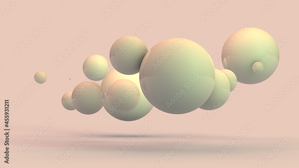 Poster 3d rendering of an abstract background of many white balls, spheres of different sizes. geometric co
